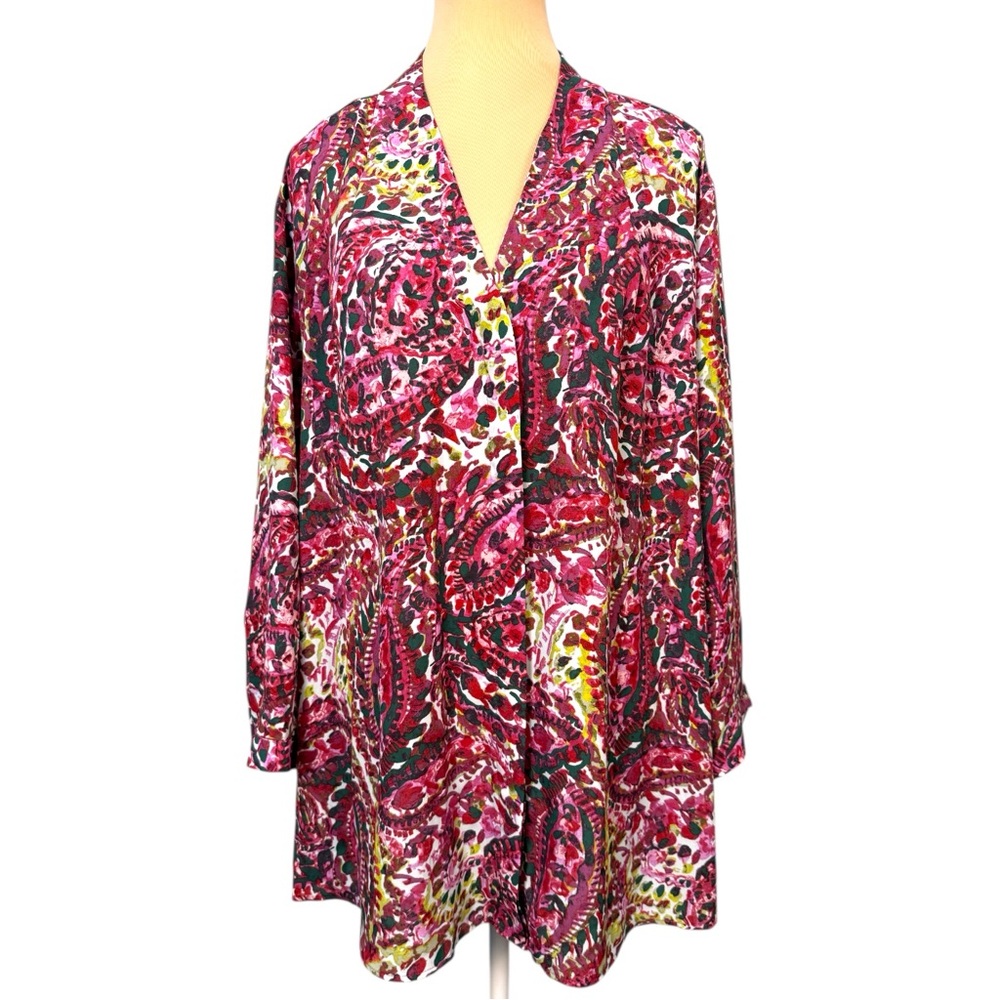 Investments Woman Caroline Vibrant Floral  Long Sleeve Button Down Tunic 3X EUC